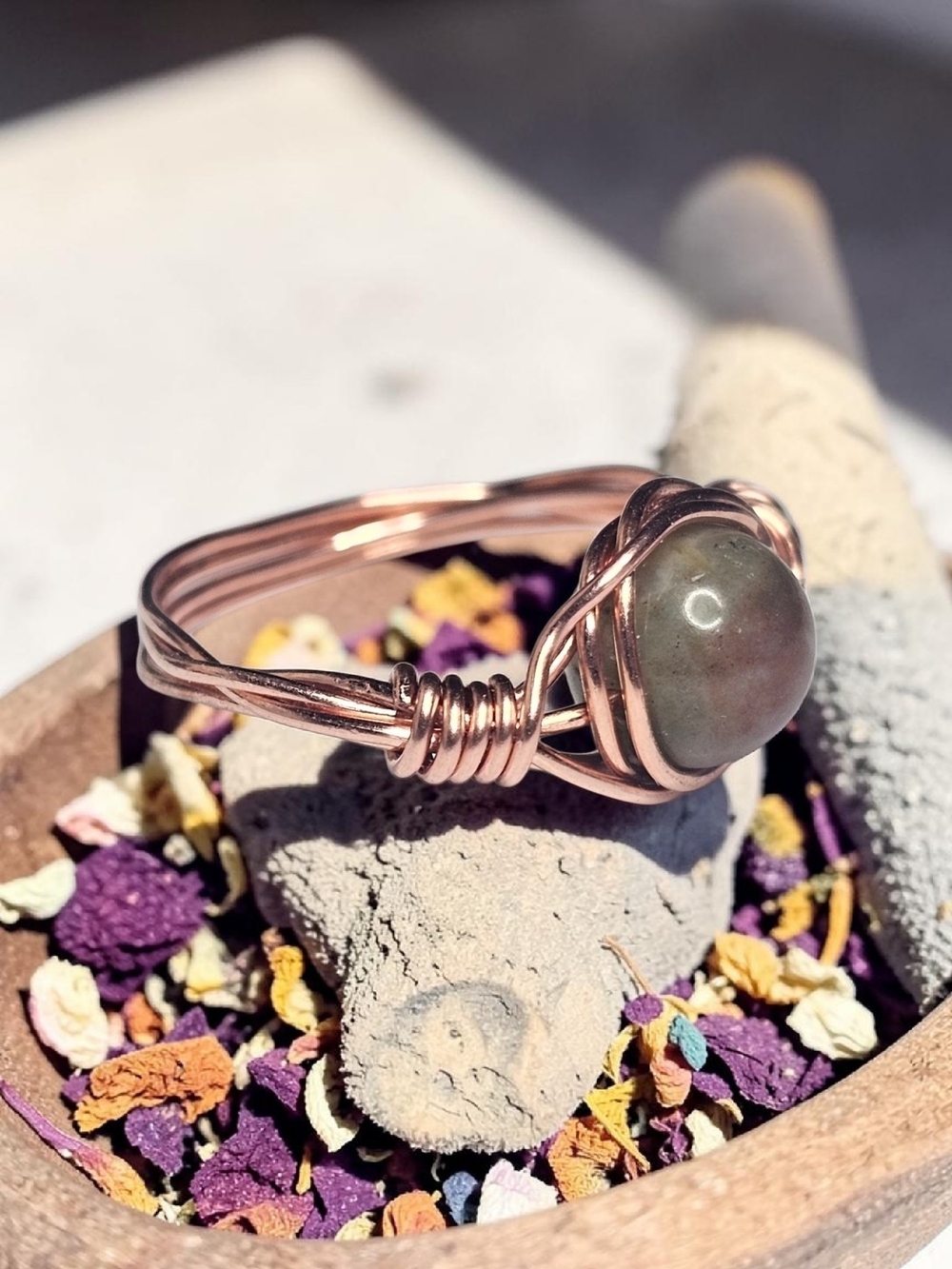Earthy Gurl Rose Gold Copper Wire-Wrapped Green Indian Agate Gemstone Ring